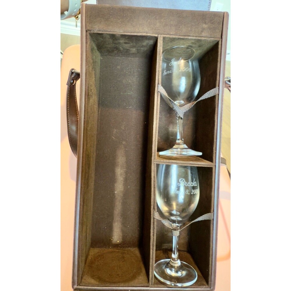 Vintage Wine Carrier Case Brown Hamilton Picnic Tote with 2 Engraved Glasses